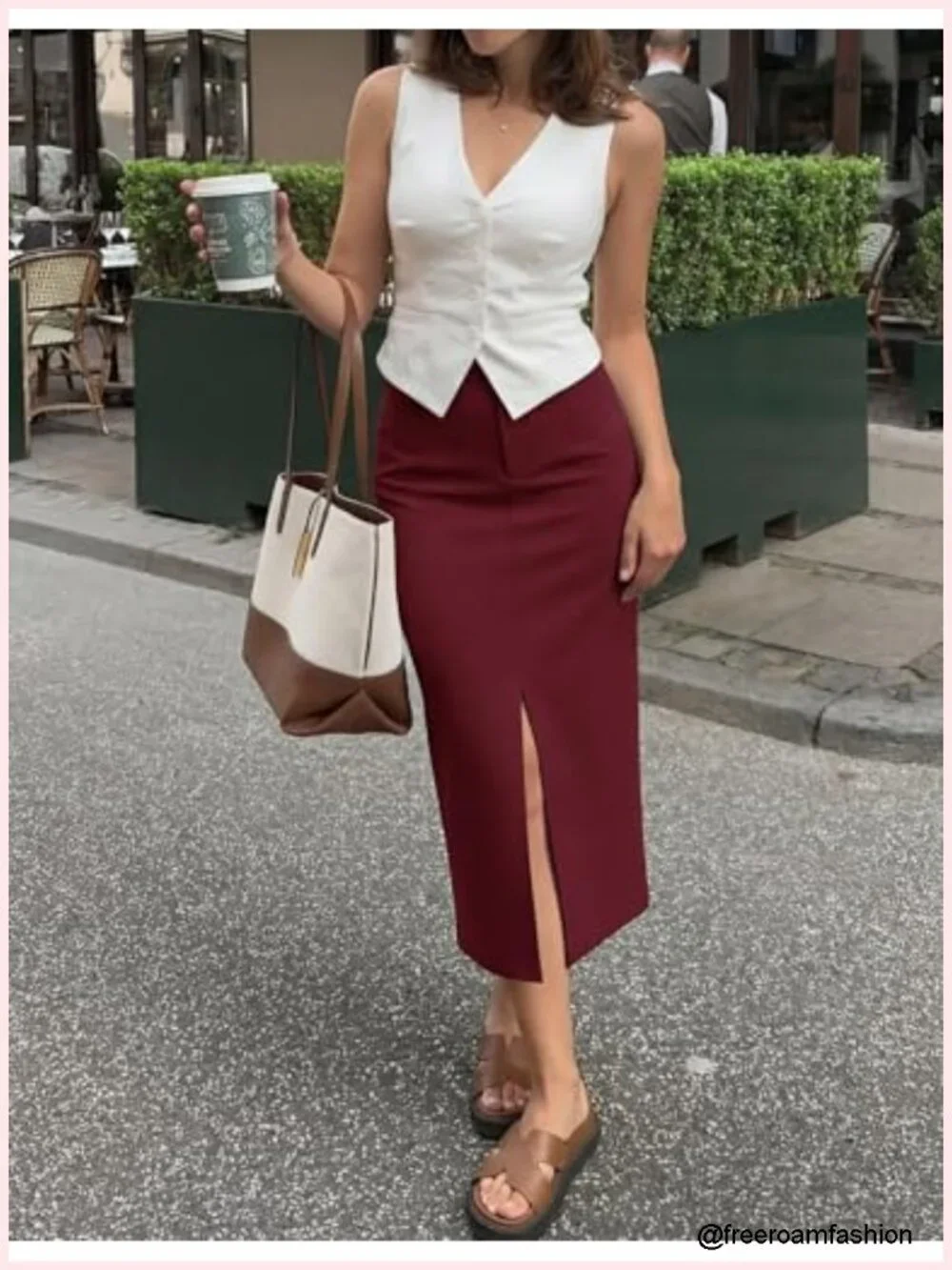 High Waisted Pencil Midi Skirt with Front Slit and Pockets